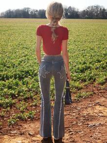 Sydney Algeri 女式休闲水洗磨边修身喇叭牛仔裤 - 藍色 - 查看 2