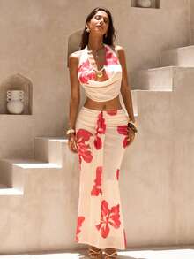 Glamine Bộ đồ 2 mảnh gợi cảm, thanh lịch dành cho nữ, gồm áo croptop cổ yếm buộc dây và váy dài, thích hợp cho kỳ nghỉ biển. - Nhiều màu - Xem 5