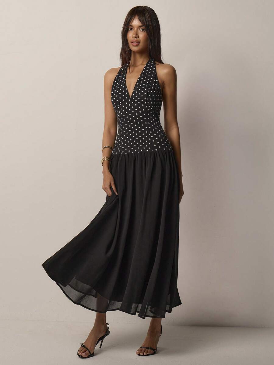 COSMINA Đầm dài không tay, màu đen chấm bi, cổ yếm, chất liệu chiffon, kiểu dáng thanh lịch tối giản phong cách Y2K dành cho nữ. - màu đen - Xem 1