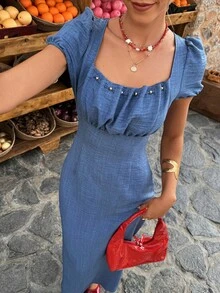 Selianne 1pc Women's Spring/Summer Beaded Ruched Collar Fitted Casual Vacation Everyday Denim Effect Dress - Lake Blue - View 6