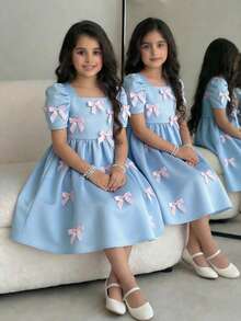 SHEIN Vestido casual para niña preadolescente con cuello cuadrado, manga gigot y lazo de tejido liso - Azul - Ver 2