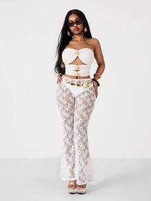 Vadaroq Women's Spring/Summer Streetwear Going Out Vacation Vintage Chic Lace Western Wear Mid Rise White Flare Pants - White - View 2