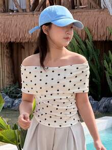 DAZY Tween Girls' Casual Polka Dot Print Off Shoulder T-Shirt, Summer - Beige - View 3