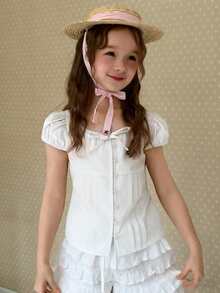 DAZY Tween Girls Solid Color Fitted Tie-Waist Puff Sleeve Blouse, Fall Summer - White - View 3