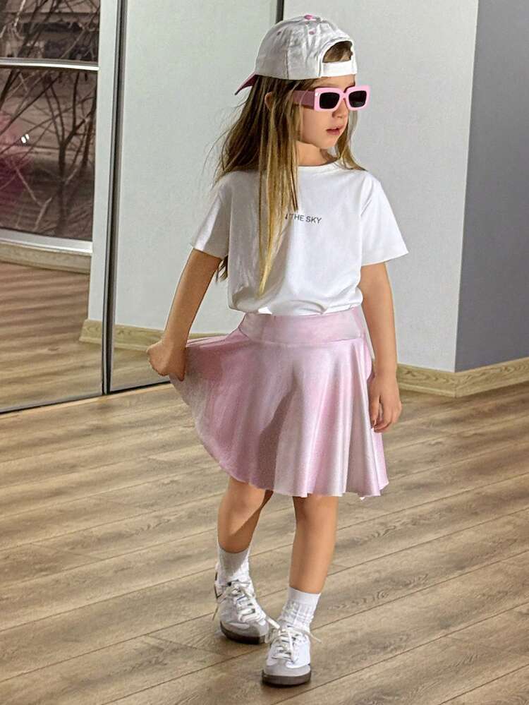 Young Girl Fall Outfit, Girls Round Neck Knit Printed Short Sleeve T-Shirt & Skirt Sports Set Summer