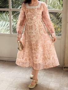 Dazy Kids Tween Girl All-Over Print Elegant Party & Travel Dress - Apricot - View 3