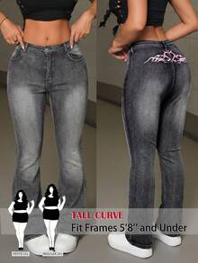 SHEIN PETITE CURVE Summer Plus Size PETITE CURVE Casual Streetwear Y2K Pink Retro Punk Embroidery Pattern Washed Low Waist Flare Black Jeans - Dark Grey - View 1