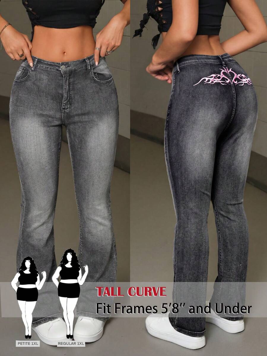 SHEIN PETITE CURVE Summer Plus Size PETITE CURVE Casual Streetwear Y2K Pink Retro Punk Embroidery Pattern Washed Low Waist Flare Black Jeans - Dark Grey - View 1