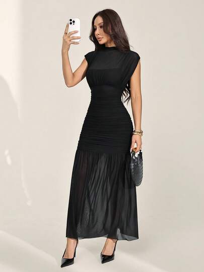 SHEIN PETITE Black Wrap Shawl Elegant Sheer Ruched Dress, Suitable For Romantic Dates, Parties, Formal Gatherings, Bridesmaid Dresses, Women's Summer Dress, Tea Party Dress, New Year, Valentine's Day, Birthday Mini Dress, Black Dress