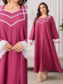 Al Najma Gaun Arab Wanita Model Musim Semi/Panas dengan Leher Bentuk Hati, Lengan Mengembang, Hiasan Renda Berongga di Bagian Bawah, dan Detail Patchwork, Gaun Sopan untuk Wanita - Hot Pink - View 5