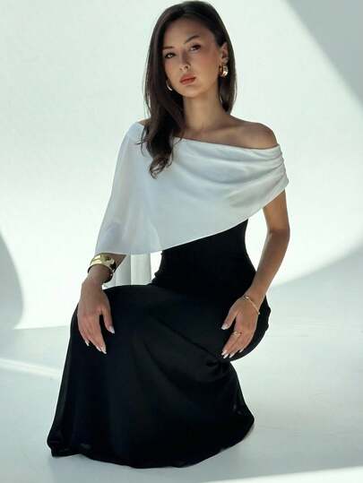 Aloruh Women's Elegant Chiffon Color Black Dress,Black And White Color-Blocked Dress,Commuter Dress,Arabic Style,Party Dress,Summer Dresses,Spring Dress Women,Easter,Wedding Guest Dress For Women,Bridesmaid Dress,Weddings & Events,Graduation Dress,Graduation Outfit For Mother,Elegant Dresses For Women,Vacation Dresses,Formal Dress