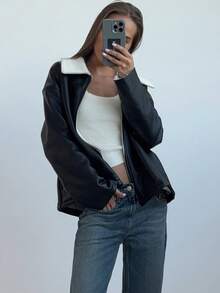 Aloruh 谷仓夹克，女士秋冬新款日常旅行通勤时尚长口袋保暖内衬保暖毛绒皮革毛领夹克拉链外套 - 黑色 - 查看 8