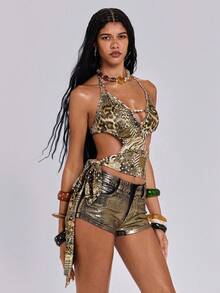 ROMWE Y2K Sexy Avant-Garde Hottie Animal Print Asymmetrical Strap Women Top - Light Grey - View 7