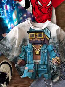 3件套男童休闲舒适简约圆领短袖T恤，经典蜘蛛网图案，蜘蛛图案，酷炫勇敢印花，休闲简约像素方块人赛博朋克世界印花圆领T恤，夏季款，休闲简约时尚经典卡通酷炫像素方块士兵战争图案圆领短袖T恤 - 彩色 - 查看 5