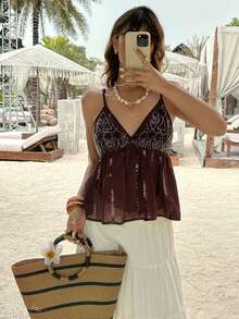 Serisse 女士亮片设计时尚荷叶边吊带背心，夏季法式棕色度假深V亮片吊带背心，飘逸网纱拼接，必备沙滩/派对/假日露脐上衣，夏季上衣，女士节日上衣，派对上衣，女士外出上衣，女士生日礼物，女士沙滩度假装，女士休闲衬衫，亮片上衣，棕色上衣 - 卡其色 - 查看 3