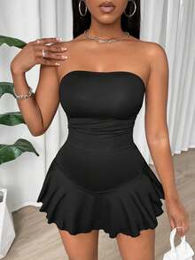 BamGleam 女士純色簡約無肩跨條連體褲，荷葉邊裝飾，適合日常穿著 - 黑色 - 查看 3