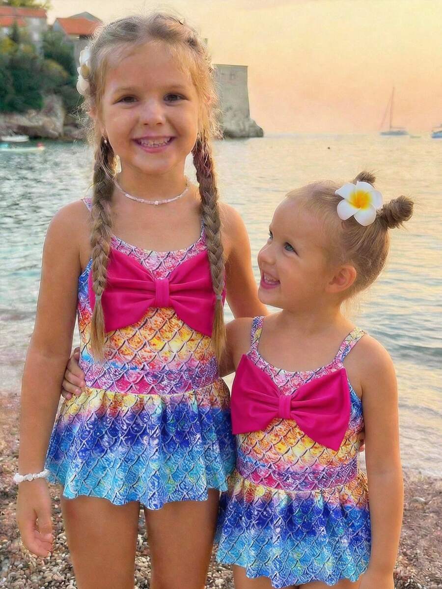 SHEIN Young Girls Mermaid Print Bow Cute Swimsuit, Sports, Beach, Vacation, Swimming, Casual & Fun - Purple - View 1