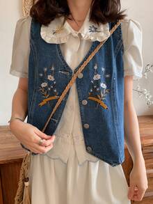 FRIFUL Áo khoác gile denim nữ thêu hoa, kiểu dáng thường ngày, cài một hàng cúc. - Màu xanh lam - Xem 5