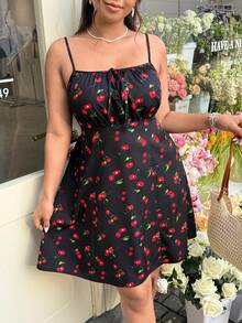 GalTyme Plus Size Women's Spring/Summer Cherry Print Twist Design Ruched Casual Party Slip Dress - Multicolor - View 1