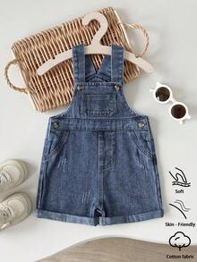 SHEIN Playful Pals Baby Boys' Washed Denim Shorts,Blue Summer Casual City Break Stylish Street Fashion Distressed Cotton Soft Adjustable Strap Pocket Decor Overalls - Medium Wash - View 4