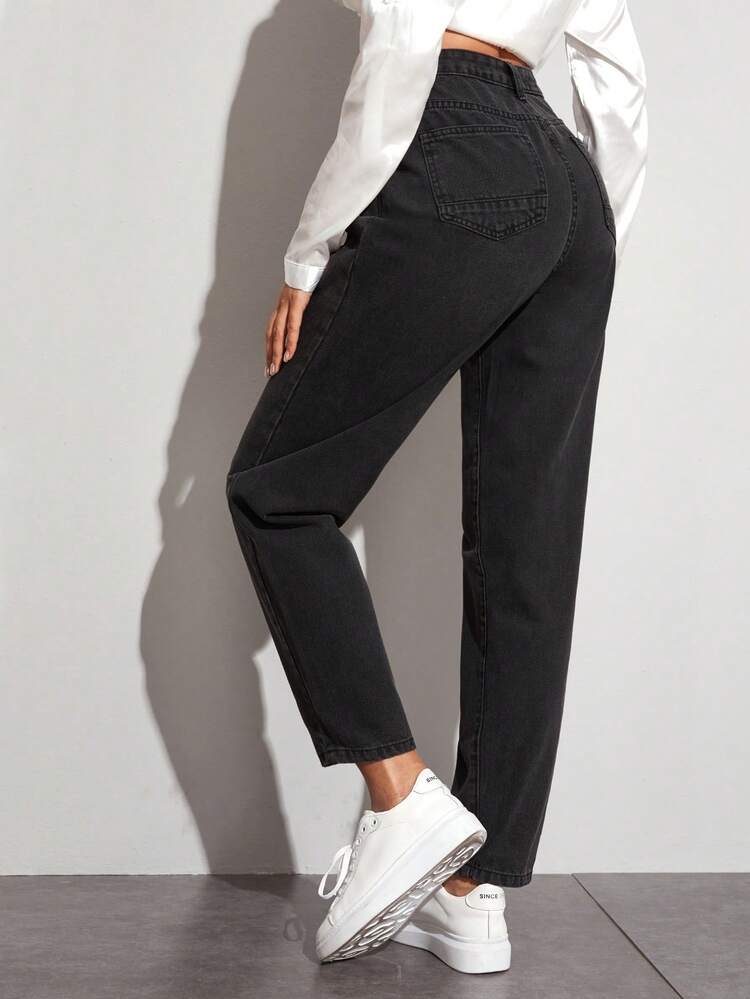 Mom Jeans Without Belt,Ladies Casual Button,Pocket,Zipper Natural Straight Leg Long Black Cotton Regular Fit Women Jeans,Spring/Fall,Casual Daily Wear