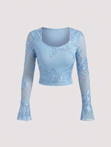 Olithes 欧美时尚休闲修身针织提花立体效果女士长袖喇叭浅蓝色秋季女装外出奢华上衣 - 藍色 - 查看 1