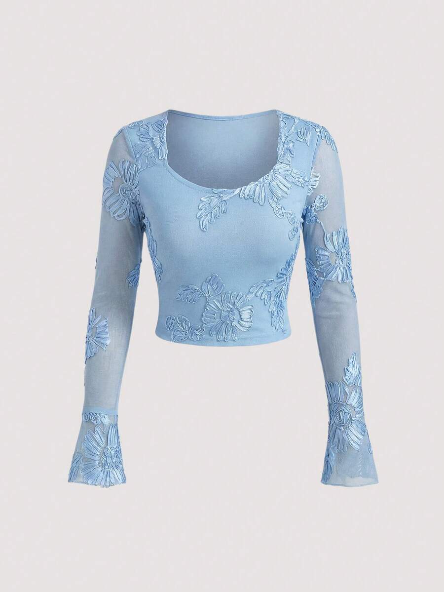 Olithes 欧美时尚休闲修身针织提花立体效果女士长袖喇叭浅蓝色秋季女装外出奢华上衣 - 藍色 - 查看 1