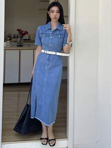DAZY Đầm sơ mi denim nữ kiểu dáng thường ngày, chất liệu denim bạc màu, có túi giả và đường xẻ tà, thích hợp cho mùa hè. - Rửa trung bình - Xem 4