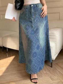 DAZY 女士休闲水洗碎花牛仔迷你裙，春夏款 - 中等水洗藍 - 查看 6