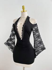 Elamini Women's Contrast Lace Deep V Neck Ruched Sexy Halter Mini Dress - Black - View 4