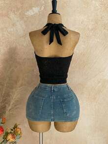 Soleia Camiseta de punto blanca con textura y ajuste ceñido con escote halter para vacaciones de mujer - Negro - Ver 2