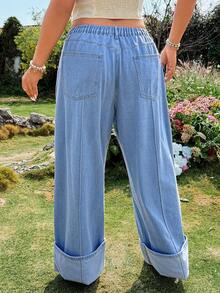 EMERY ROSE Plus Size Casual Solid Color Button Pocket Wide Leg Jeans - Light Wash - View 2