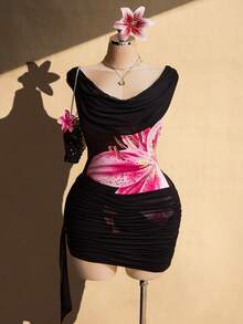 SHEIN ICON 大码女式印花优雅收腰派对连衣裙 - 彩色 - 查看 5