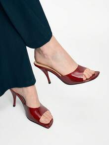 Mnmlis Sandalias de tacón alto para mujer, elegantes sandalias de tacón de aguja con diseño transparente y abierto en la punta, tipo mule deslizante, para fiestas, primavera/verano - Burdeos - Ver 7