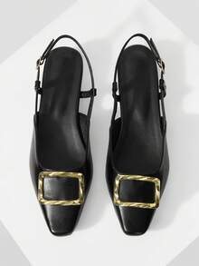 Mnmlis Zapatos de moda de tacón bajo con correa trasera, punta abierta y piel suave, minimalistas, versátiles y cómodos, de tacón alto elegante en color negro, para mujer, de primavera/verano - Negro - Ver 1