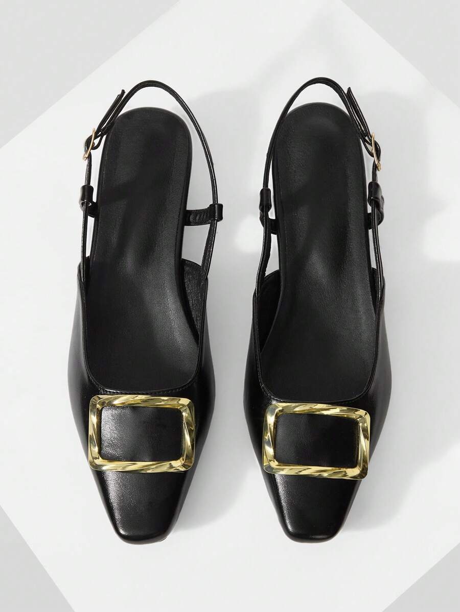 Mnmlis Zapatos de moda de tacón bajo con correa trasera, punta abierta y piel suave, minimalistas, versátiles y cómodos, de tacón alto elegante en color negro, para mujer, de primavera/verano - Negro - Ver 1