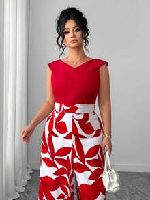 Elenzga 大码女士优雅休闲度假简约V领无袖收腰显瘦长款印花休闲红色连体裤 - 紅色 - 查看 8