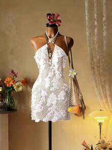 Lyxana Women's V-Neck Halter Dress With Shell Decor Button - Apricot - View 1