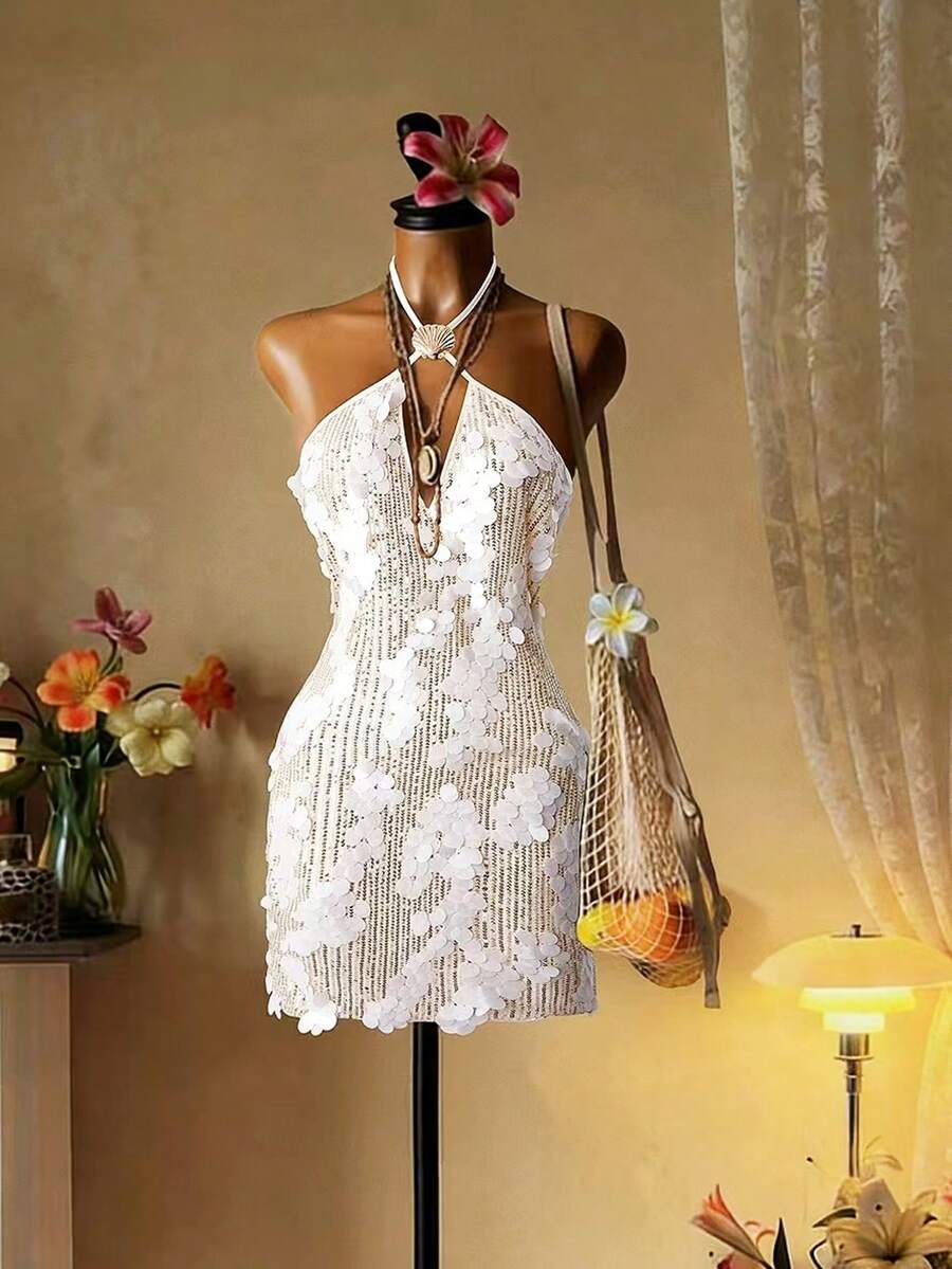 Lyxana Women's V-Neck Halter Dress With Shell Decor Button - Apricot - View 1