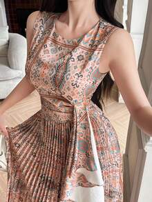 DAZY 女士优雅印花无袖中长连衣裙，适合春夏穿着 - 黃色 - 查看 4