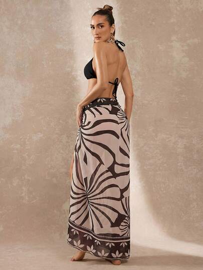 Lumalex Pareo de mujer para la playa de gasa - Envoltura maxi ligera y transparente con estampado abstracto de hojas tropicales y soles, en tonos neutros suaves de taupe y moca, diseño ajustable con nudo delantero, bajo asimétrico fluido, detalles de ribete decorativo, tela de gasa semi-transparente y liviana