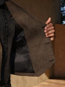 AKNOTIC Business Casual 男士纯色双排扣商务休闲马甲 男士棕色马甲 男士无袖服装 男士秋季系列 - 咖啡棕 - 查看 8