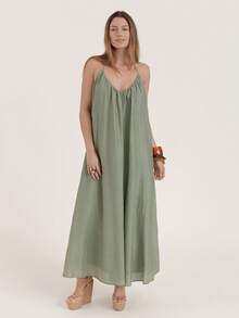 SURIMA Women Spaghetti Strap Maxi Dress Vacation Dress Solid Color Long Dress - Green - View 3