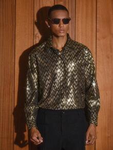 AKNOTIC Áo sơ mi nam dài tay cài cúc đơn, họa tiết sọc lượn sóng, ánh vàng kim. - Nhiều màu - Xem 1