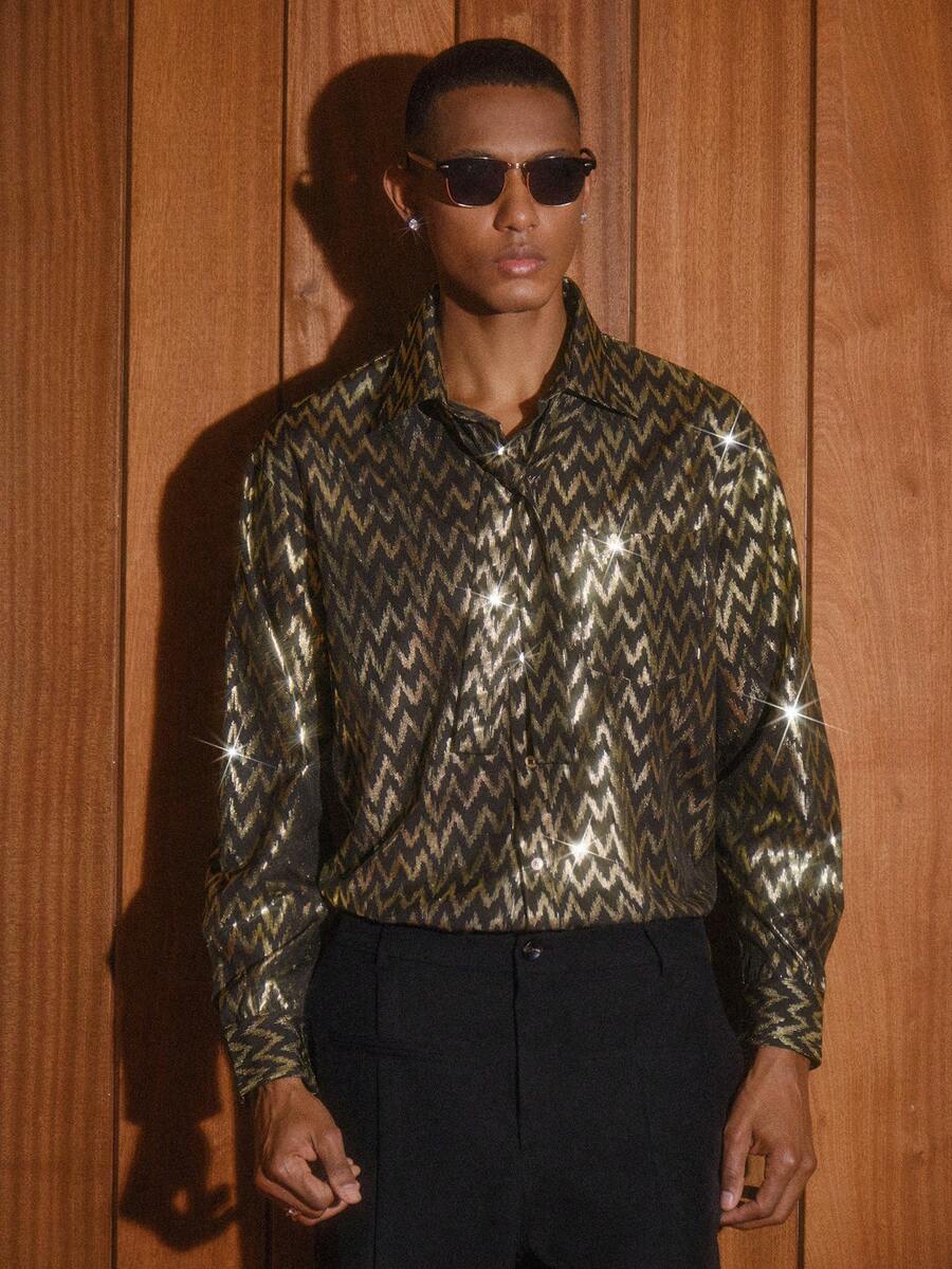 AKNOTIC Áo sơ mi nam dài tay cài cúc đơn, họa tiết sọc lượn sóng, ánh vàng kim. - Nhiều màu - Xem 1