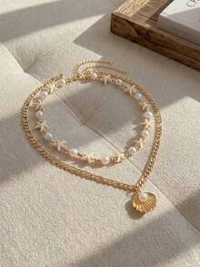 Resyla 2pcs/Set Summer Bohemian Ocean Wave Pearl Beads Starfish & Seashell Pendant Necklace, Women Fashion Metal Jewelry Fit For Daily Wear, Beach Holiday & Party - Gold - View 3