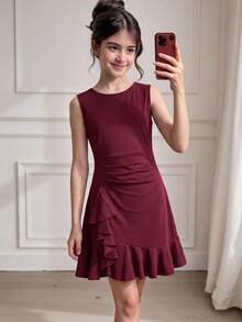 少女优雅圆领无袖荷叶边连衣裙 - 紅色 - 查看 5