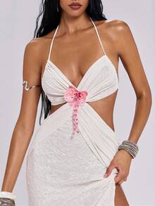 ROMWE Y2K Đầm gợi cảm khoét eo, ren hoa, kiểu dáng hở hang, thích hợp cho kỳ nghỉ hè trên bãi biển của phụ nữ. - Màu be - Xem 2