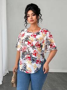 Elenzga Áo sơ mi nữ cỡ lớn in họa tiết cổ tròn tay bèo nhún phong cách thường ngày đi nghỉ mát - Nhiều màu - Xem 4