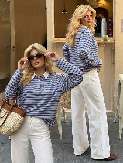 Dripcurv Plus Size Women's Spring Blue Striped Long-Sleeved Casual T-Shirt, Old-Money Style. Preppy Top